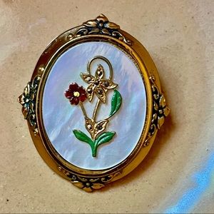 Victorian Look Oval Mother of Pearl with Applied Enameled Flowers Brooch Pin